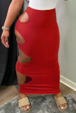 Красная сексуальная повседневная сплошная выдолбленная юбка с высоким воротом