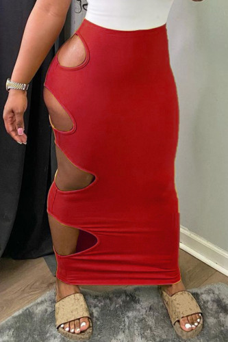Falda roja sexy casual sólida ahuecada alta qaist