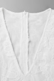 ホワイト セクシー ソリッド 刺繍 パッチワーク フォールド ストリング セルビッチ Vネック レース ドレス ドレス