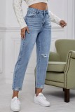Jeans de mezclilla rectos de cintura alta rasgados sólidos casuales azules