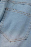 Saia jeans skinny cintura alta azul lisa casual rasgada patchwork
