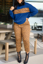 Blue Casual Print Leopard Patchwork O Neck Long Sleeve Two Pieces