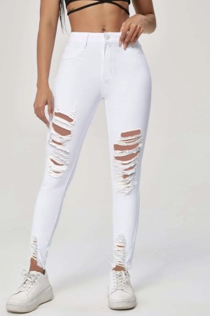 White Casual Solid Ripped High Waist Skinny Denim Jeans