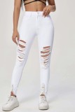 Weiße, lässige, feste, zerrissene, hoch taillierte, dünne Denim-Jeans
