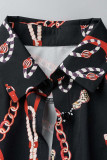 Fivela patchwork com estampa casual preta sem cinto gola redonda vestidos retos