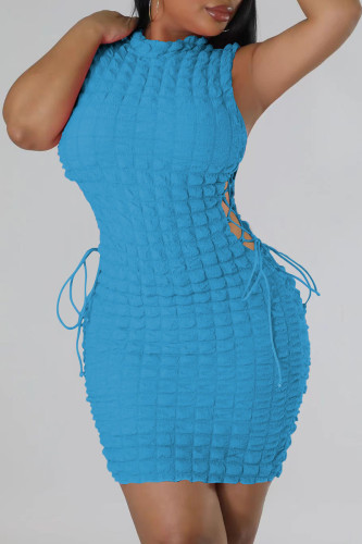 Sky Blue Sexy Solid Bandage Hollowed Out Patchwork O Neck Pencil Skirt Dresses