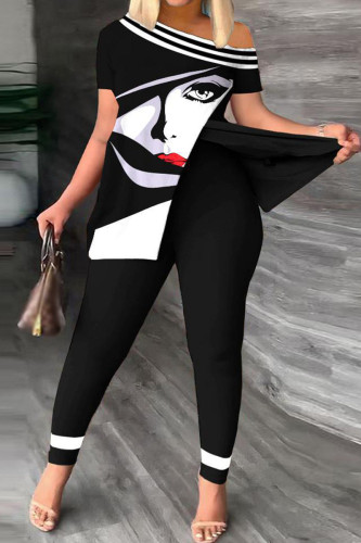 Black Casual Print Patchwork Slit Oblique Collar Short Sleeve Two Pieces