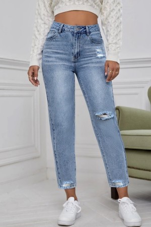 Blue Casual Solid Ripped High Waist Straight Denim Jeans