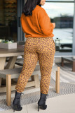 Oranje casual print luipaard patchwork O-hals lange mouw tweedelig