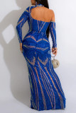 Синее элегантное однотонное вечернее платье с блестками и блестками в стиле пэчворк Половина водолазки Платья