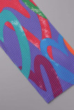 Mörkblå Elegant Print Patchwork Vik O-hals långärmad två delar