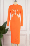 Oranje sexy effen uitgeholde halve coltrui jurken met lange mouwen