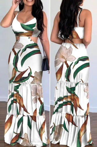 White Sexy African Print Hollowed Out Patchwork Spaghetti Strap One Step Dress