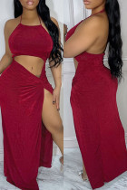 Vestido largo rojo sexy sólido vendaje ahuecado sin espalda hendidura halter Vestidos