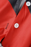 Rojo Negro Estampado informal Botones de retazos Cuello vuelto Vestidos rectos