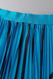 Озерно-синий Элегантный принт Пэчворк Складка О-образный вырез Длинный рукав Из двух частей