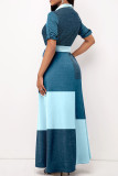 Azul claro Estampado informal Patchwork Hebilla Turndown Collar Una línea de vestidos