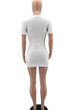 ホワイトカジュアルプリントパッチワークOネックペンシルスカートドレス