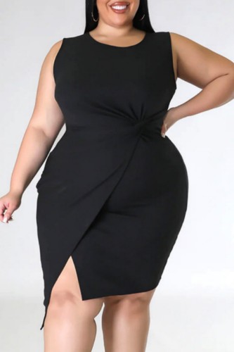 Black Casual Solid Patchwork O Neck Sleeveless Dress Plus Size Dresses