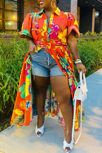 Red Casual Print Bandage Patchwork Buckle Turndown Collar Straight Dresses
