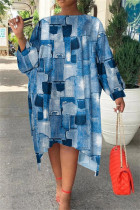 カウボーイ ブルー デイリー ファッション ストライプ プリント ロング スリーブ プラス サイズ ドレス