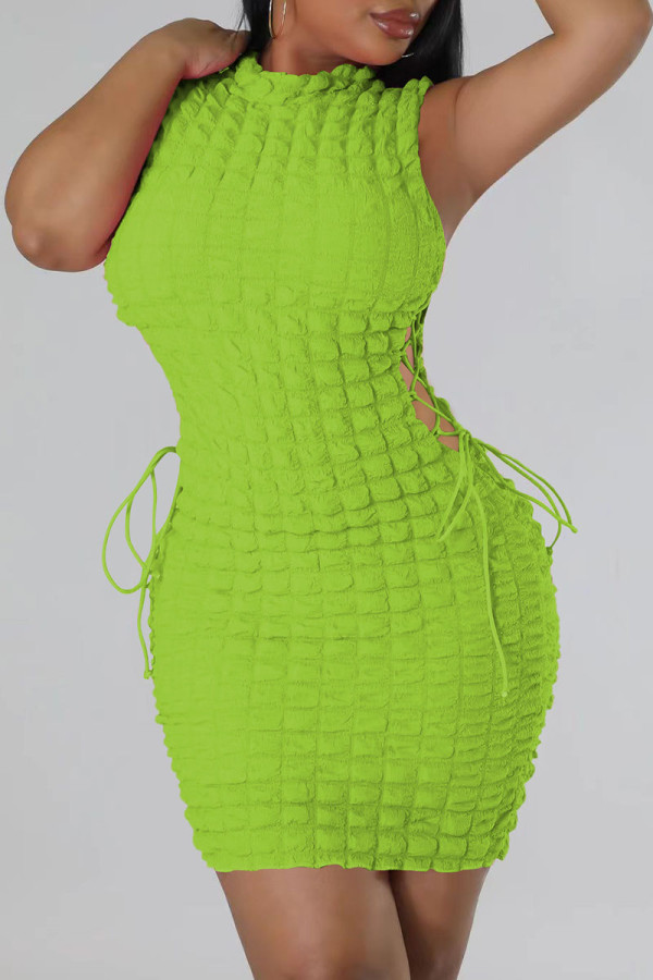 蛍光グリーンのセクシーなソリッドバンデージ中空アウトパッチワークOネックペンシルスカートドレス