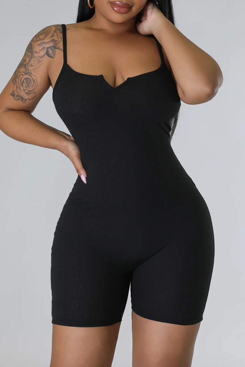 

Black Casual Sportswear Solid Patchwork Spaghetti Strap Skinny Jumpsuits