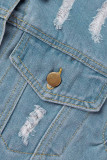 Azul claro casual street patchwork sólido fivela de ourela fio dental gola redonda manga comprida jaqueta reta jeans