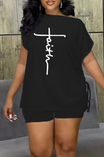 Black Casual Print Patchwork O Neck Short Sleeve Two Pieces