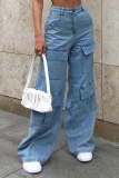 Jeans de mezclilla sueltos de cintura media de patchwork sólido informal azul