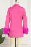 Rose Red Casual Solid Patchwork Buttons Feathers Turn-back Collar Outerwear