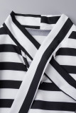White Casual Striped Print Patchwork Ribbon Collar A Line Dresses