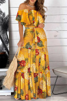 Gele elegante print patchwork off-shoulder rechte jurken
