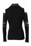 Black Casual Patchwork Hot Drilling Hollowed Out Half A Turtleneck Tops