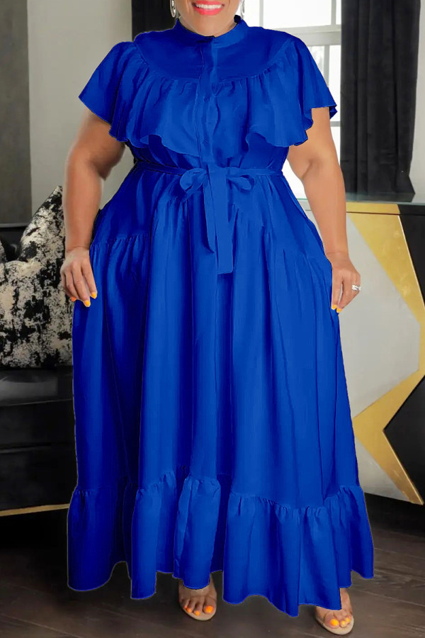 ブルー プラス サイズ カジュアル ソリッド フラウンス マンダリン カラー シャツ ドレス