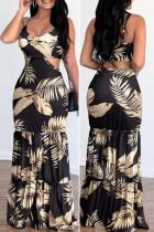 Black Sexy Print Hollowed Out Patchwork Spaghetti Strap One Step Skirt Dresses
