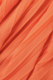 Tangerine Red Sweet Solid Patchwork Fold O Neck A Line Платья