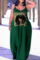 グリーン カジュアル プリント パッチワーク スパゲッティ ストラップ ランタン スカート プラス サイズ ドレス