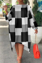ブラック ホワイト デイリー ファッション ストライプ プリント ロングスリーブ プラスサイズ ドレス
