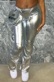 Silver Casual Solid Basic Skinny High Waist Conventional Solid Color Bottoms