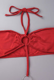 Красные сексуальные сплошные выдолбленные лоскутные прозрачные платья-юбки-карандаш с лямкой на шее