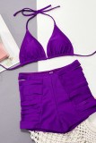 Purple Sexy Solid Ripped Bandage Backless Swimwears (With Paddings)