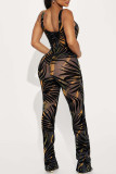 Red Sexy Print Patchwork See-through U Neck Skinny Jumpsuits