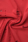 Red Fashion Sexy Solid Ripped See-Through Rollkragen Langarm Zweiteiler
