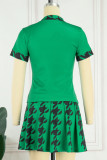 Groene casual patchwork print met O-hals en korte mouwen, twee stukken