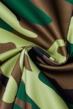 グリーンカジュアル迷彩プリントスリットレギュラーハイウエストコンベンショナルフルプリントスカート