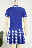 Blue Casual Print Patchwork O Neck Short Sleeve Two Pieces