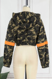 Camouflage Street Print Camouflage Print Patchwork Pocket Zipper Hooded Collar Outerwear