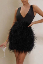 Negro sexy elegante sólido vendaje patchwork plumas cuello en V un paso falda vestidos