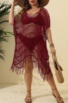 Пурпурно-красное сексуальное сплошное полупрозрачное прозрачное пляжное платье с V-образным вырезом Плюс размер Купальники